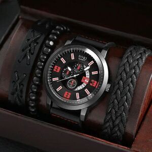 BLACK RED LEATHER QUARTZ STAINLESS STEEL WATCH AND LEATHER BRACELETS
